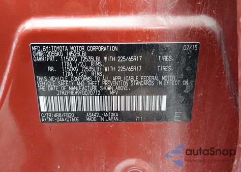 2015 Toyota Rav4 Le из США, поврежденный, VIN JTMZFREV9FD070712